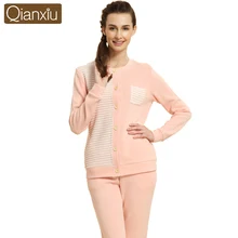 Осенняя брендовая домашняя одежда для пар, повседневные пижамные комплекты в полоску, Женский хлопковый пижамный комплект, кардиган с длинными рукавами для девочек+ штаны