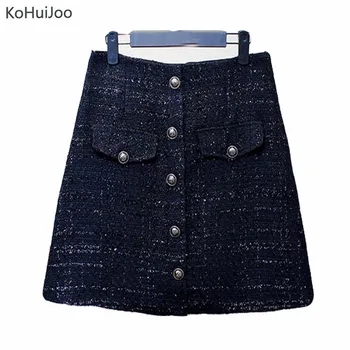 

KoHuiJoo Autumn Winter Women's Wool Skirt Plus size Button Pockets A line Mini Tweed Skirts Ladies Fashion Short Skirt Black