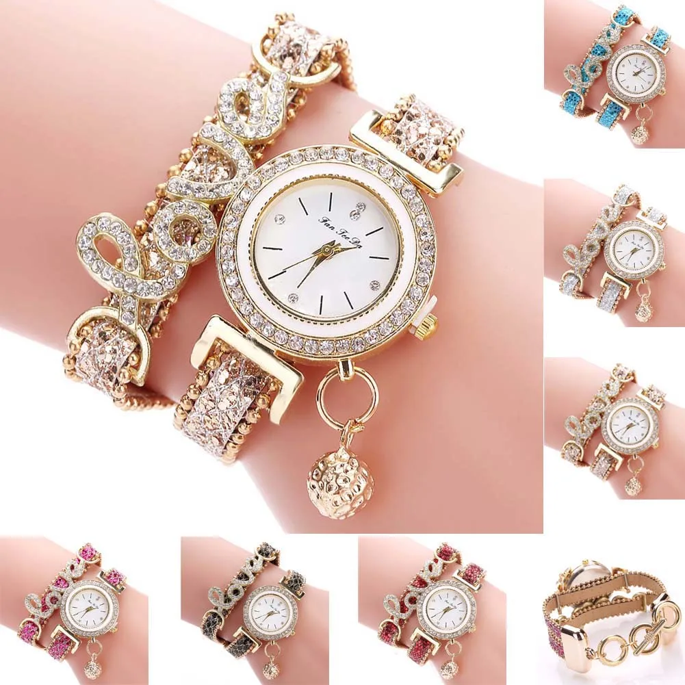 Модные женские Многослойные кварцевые часы с браслетом, сплав, кристалл, любовь, буквы, наручные часы, ювелирные изделия, подарки lxh