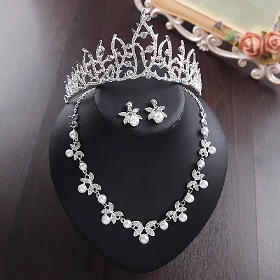 Bride Diaries New Design Crystal Pearl Bride 3pcs Set Necklace Earrings Tiara Bridal Wedding Jewelry Set Accessories (10)