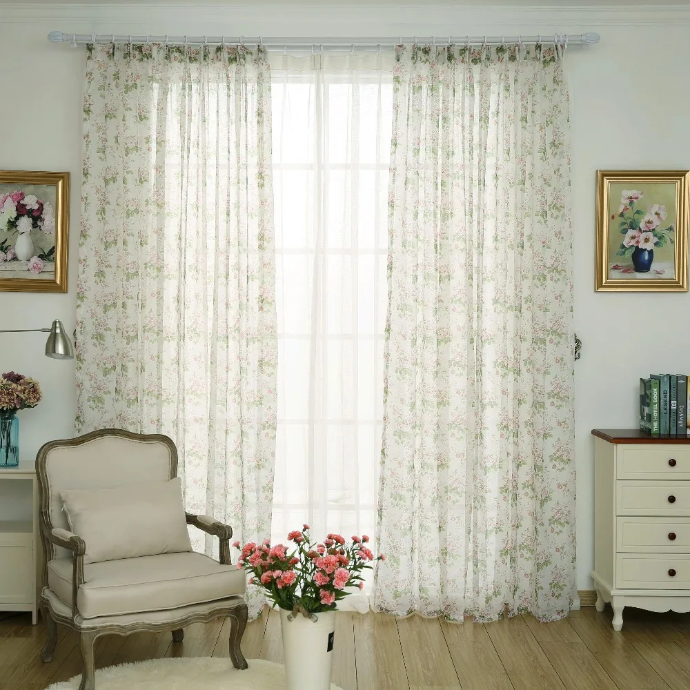 American Country Tulle Curtains For Living Room Ready Made Sheer Organza Flower Chiffon Curtains