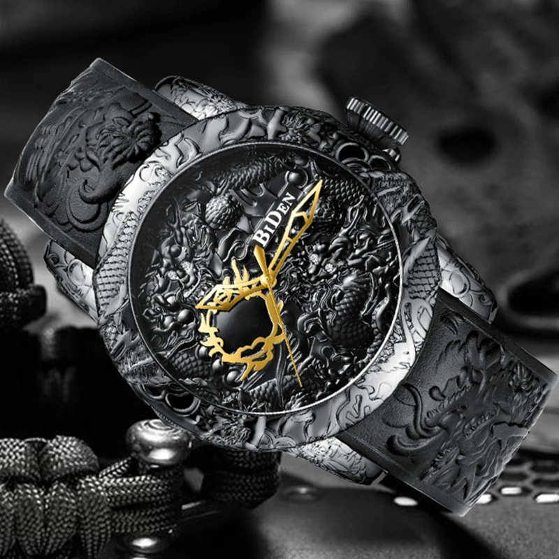 BIDEN Брендовые мужские часы Дракон Мужские кварцевые часы 3D стимпанк стиль золотые часы мужские изысканные рельефные Креативные Часы Relogio 0129