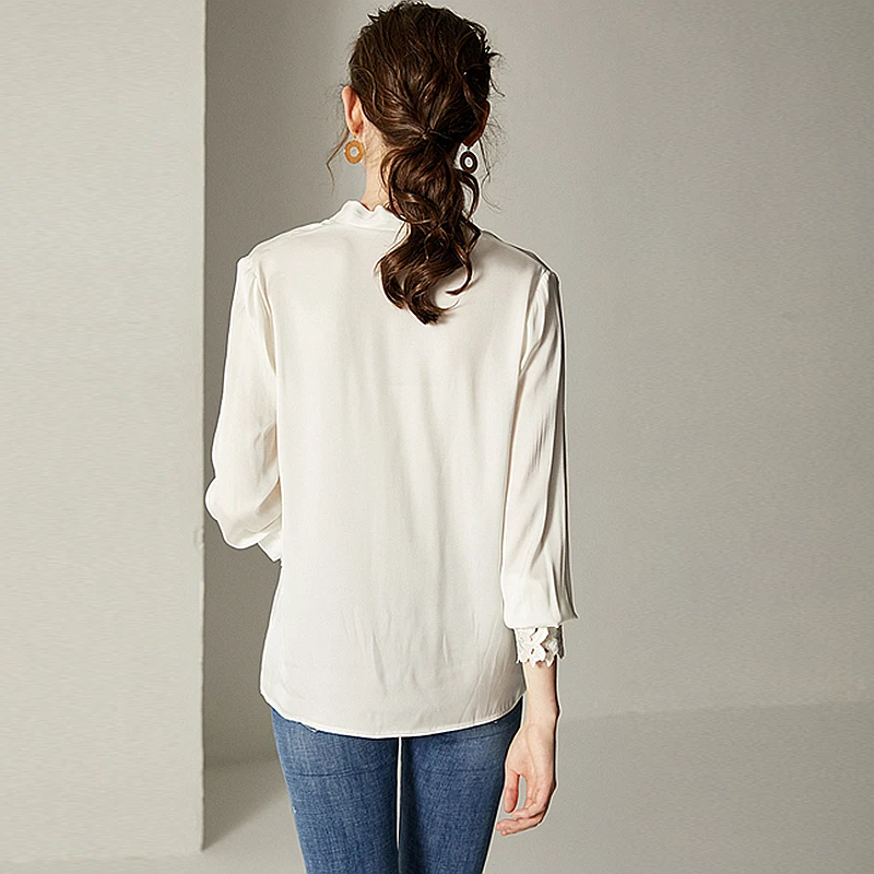 Bureau Top Cou Ivoire Nouvelle 100 Solide Élégante Broderie Manches Blouse Chemise Mode V Soie Femmes Blanche 2019 Conception Longues 6U6zwOqZ
