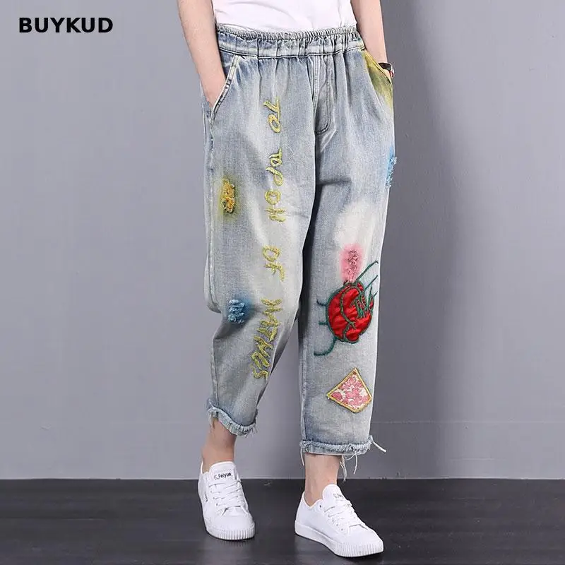 BUYKUD High Waist Ladies Ripped Jeans Women 2018 New Summer Casual Mom Elastic Wasit Denim Pants Cotton Long Trousers |