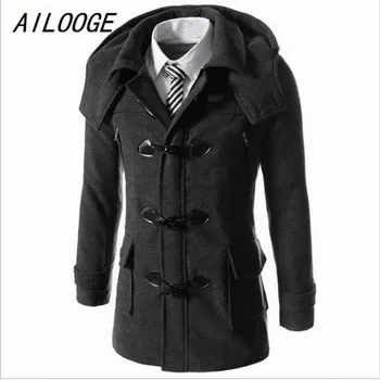 

AILOOGE Winter Men Fashion Buttons Hooded Woolen Long Trench Coat Blends Men Casual Warm Handsome Woolen Long Coat Blends Trench