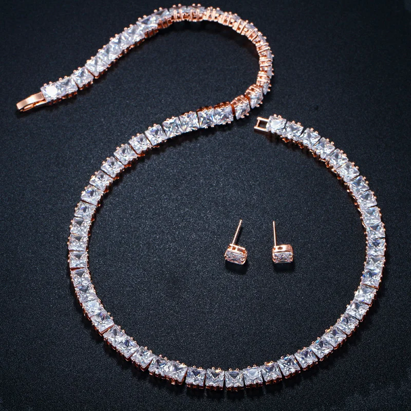 CWWZircons Classic Princess Cut Cubic Zirconia Stones Rose Gold Bridal Choker Necklace Jewelry Set for Women Wedding Party T202|Ювелирные