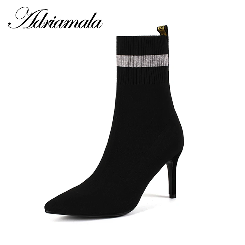 

2018 Knitting Ladies High Heel Boots Elastic Band Pointed Toe Thin Heels Motorcycle Mid Calf Boots For Women Fashion Adriamala