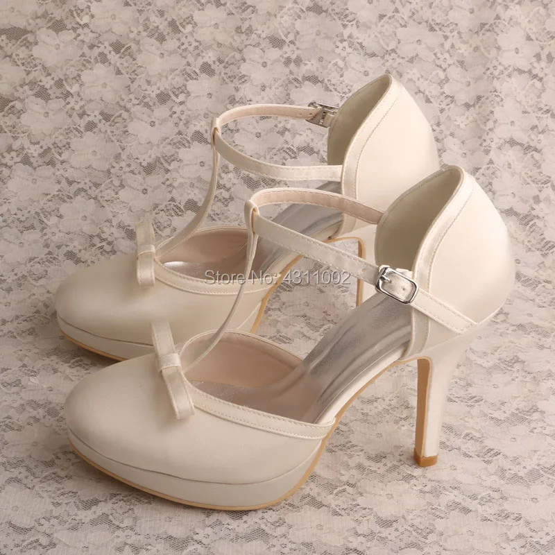 Женская Праздничная обувь ручной работы с закрытым носком; свадебные туфли на высоком каблуке; атласная обувь цвета слоновой кости с Т-образным ремешком