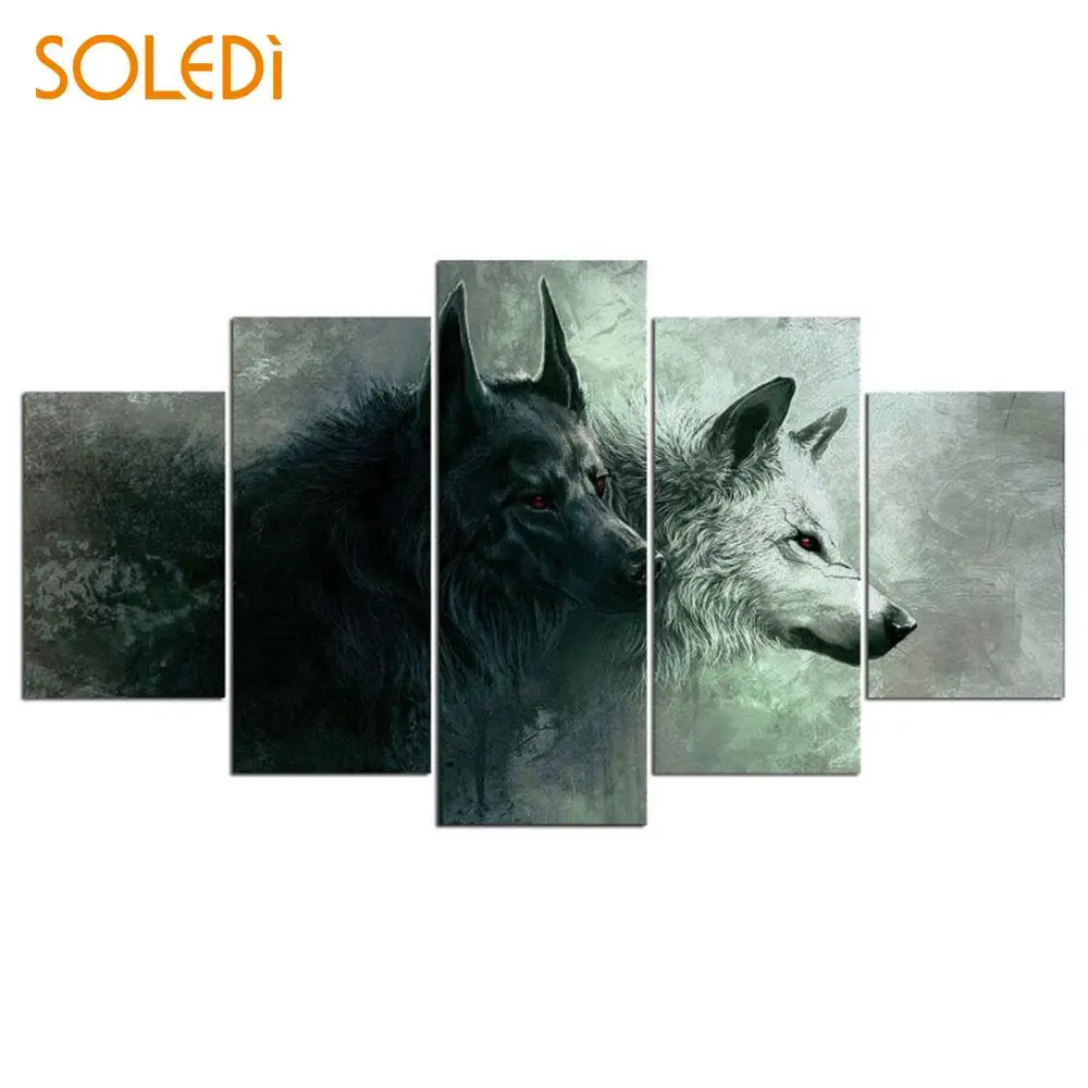 5Pcs/set Modern Black White Wolf Canvas Oil Painting Wall Picture Decor