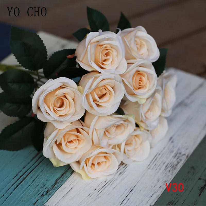YO CHO Свадебный букет невесты букет цветов цветок из искусственного шелка 12 головок розы Nosegay розовый DIY украшения для домашнего праздника - Цвет: V30