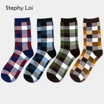 

New Coloured Gird Men Cotton Crew Socks of Happy Sock Casual Harajuku Dress Business Sox Fashion Designer Brand Blue Grid