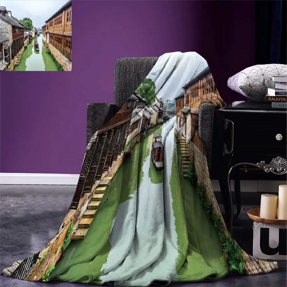 Ancient China Throw Blanket Ancient Town of Jiangnan on a Cloudy Day