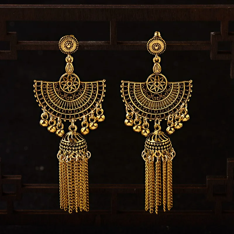 

OIQUEI Long Tassel Indian Jhumka Jewelry Earrings For Women Bohemia Gypsy Vintage Ethnic Hollow Metal Drop Earring bijoux Mujer
