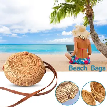 

Women Handbag Summer Beach Tote Circle Bag Handmade Rattan Woven Round Handbag Vintage Retro Straw Knitted Messenger Bag