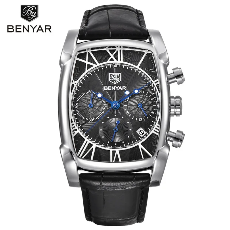 BENYAR, классический прямоугольный чехол, модные спортивные мужские часы с хронографом, водонепроницаемые, 30 м, ремешок из натуральной кожи, Роскошные Кварцевые часы - Цвет: black B