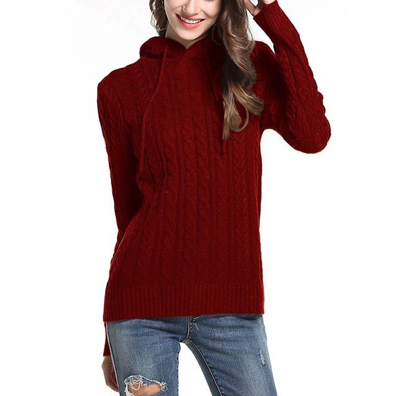 2018 Winter Autumn Woman Red Knitted Hooded Sweaters Pullovers Long Sleeve Thermal Solid White Black Pull Femme Hiver | Женская одежда
