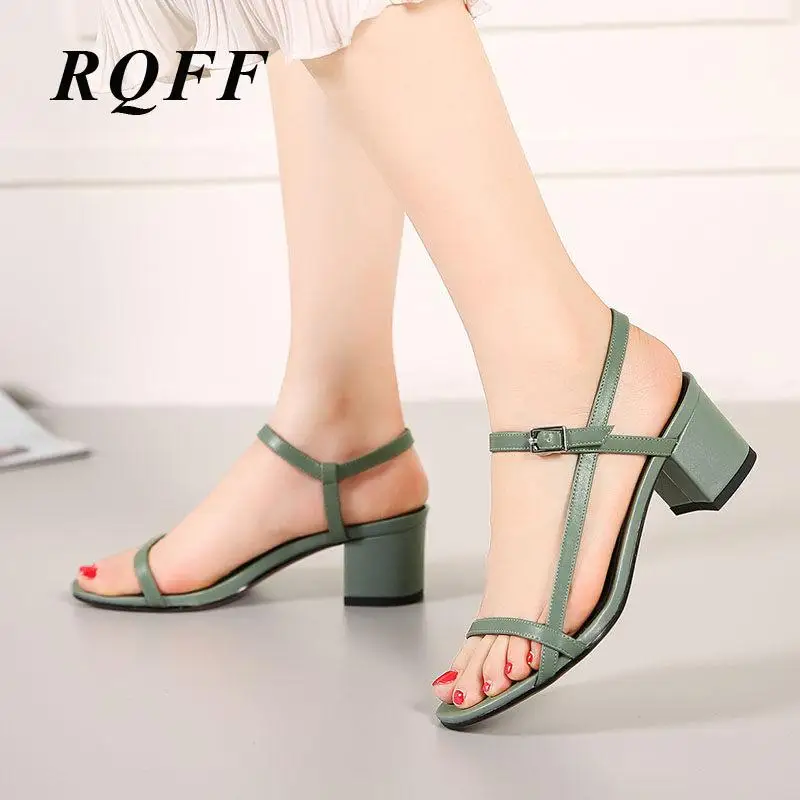 

Women Shoes Summer High Heels Genuine Leather Sandal Handmade Footwear Woman Square Med Block Heel Buckle Beige Green Sandals