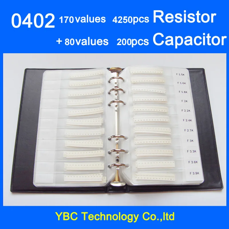 

0402 SMD Resistor 0R~10M 1% 170valuesx25pcs=4250pcs + Capacitor 80valuesX25pcs=2000pcs 0.5PF~1UF Sample Book