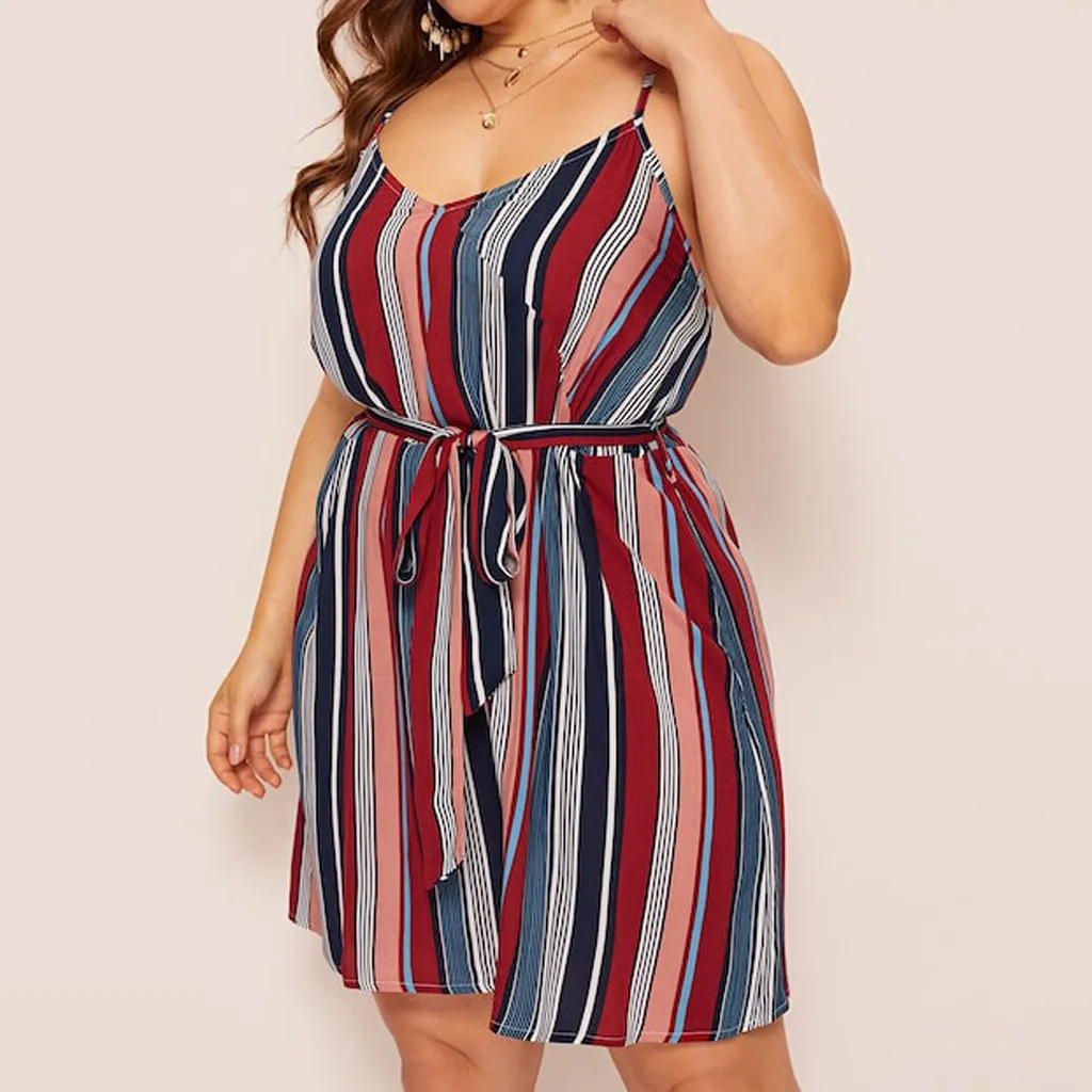 

JAYCOSIN Fashion Women Plus Size Stripe Print Camis V-Neck Sleeveless Bandage Dress Polyester Casual sexy Dress Sashes June 6
