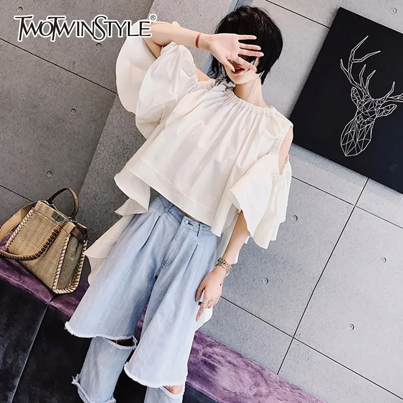 TWOTWINSTYLE Ruffles Short Shirt Female Hollow Out Flare Sleeve Ribbons Lace Up White Blouse Women 2019 Spring Summer Sexy New |