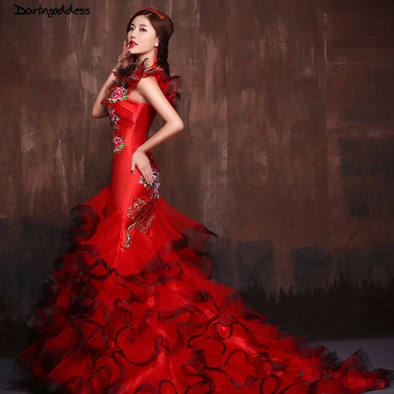 Роскошное красное свадебное платье русалки размера плюс с вышивкой и оборками, сексуальное свадебное платье русалки, платье на одно плечо, Vestidos De Novia