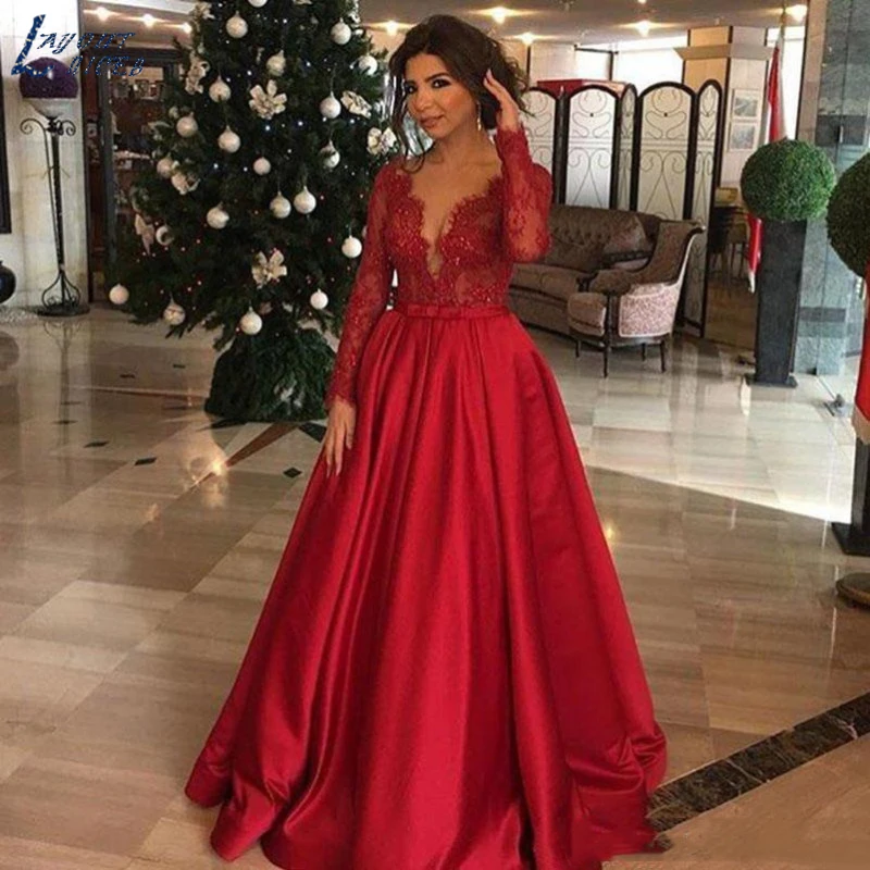 

SHJ459 Red Evening Dresses Long Sleeves Lace Prom Gowns Custom Made Vestidos De Noiva Satin A Line Evening Dresses 2019