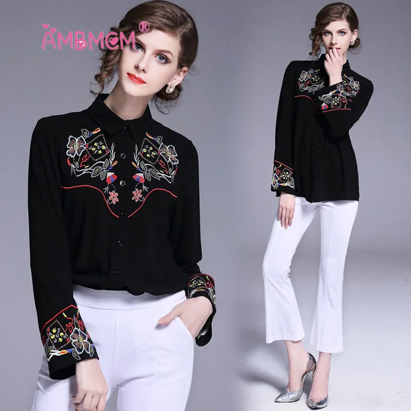 

2018 Flower Embroidery Floral Print Shirt Summer New Sexy Plus size Blouse Black Casual Vintage Blouse Fashion Tops AMBMCM