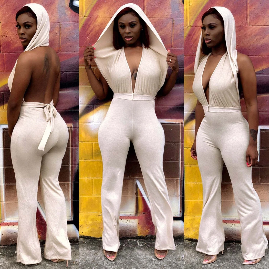 

Sexy Backless Rompers Womens Jumpsuit Deep V Neck Hoodie Jumpsuits Pants Plus Size Ladies Long Playsuit Overalls Body Femme