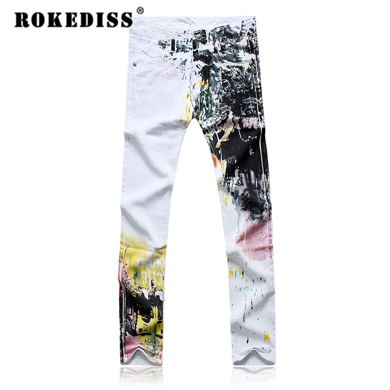 Men s clothing Straight pants fake designer clothes Cotton printing white pantalones vaqueros hombre jeans Zipper