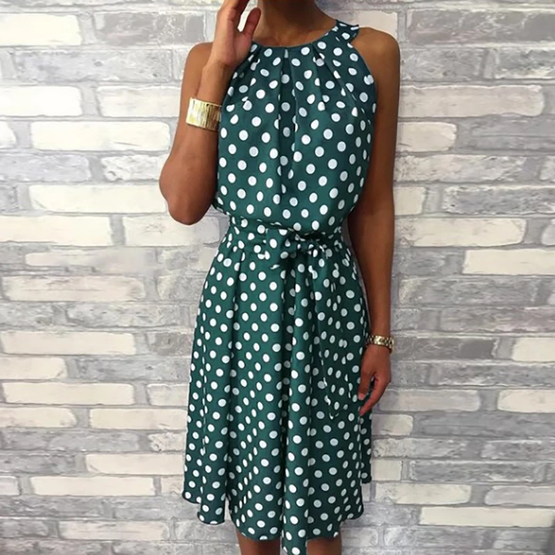 

2019 Women Summer Sleeveless Dot Print Ruffles Dress Fashion Sexy Boho Casual Beach Party Sundress Midi Dresses Vestidos