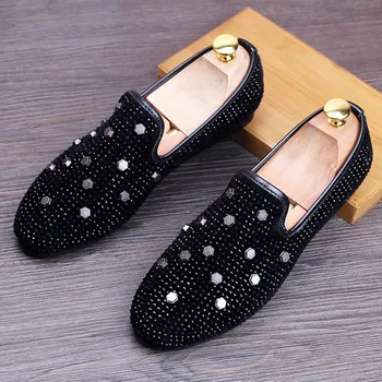 

Rivets Shoes Men Loafers Fashion Suede Men Shoes Casual Slip On Black Yellow