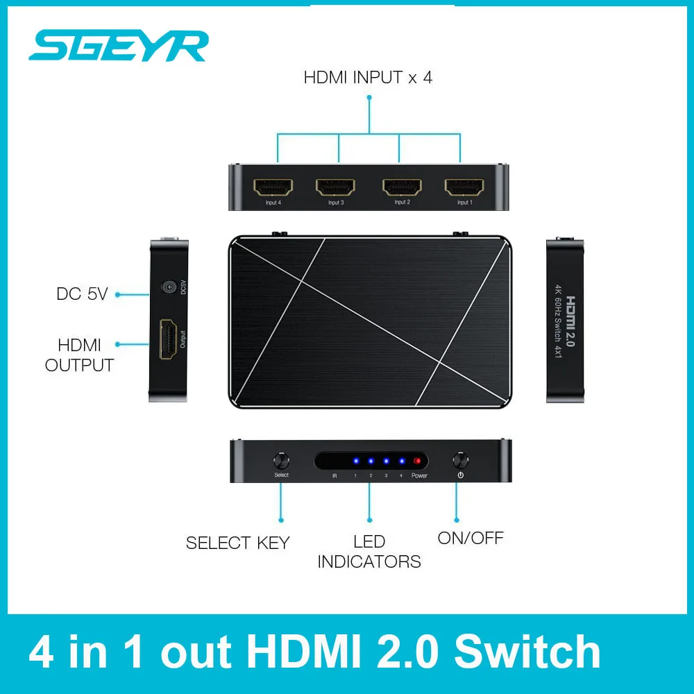 4 port HDMI Switch 2.0 SGEYR 4 to 1 HDMI Switcher Switch 4 in 1 out 4Kx2K/3840X2160@60Hz HDR HDCP 2.2 for PC Laptop XBOX 360 4 port HDMI Switch 2.0 SGEYR 4 to 1 HDMI Switcher Switch 4 in 1 out 4Kx2K/3840X2160@60Hz HDR HDCP 2.2 for PC Laptop XBOX 360