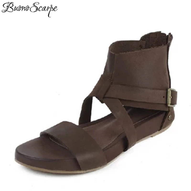 

BuonoScarpe New Chic Retro Flat Gladiator Sandals Back Zipper Real Leather Flat Sandals Amkle Strap Casual Botas Shoes For Women