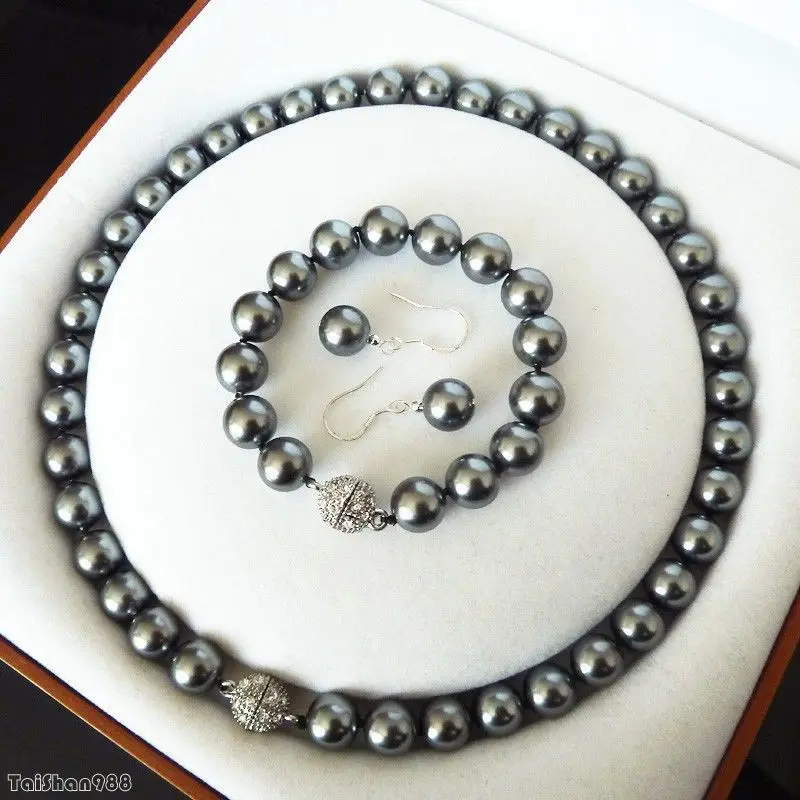 

Women's cospay women's Hair full wigs AAA+ 10mm Black Shell Pearl Crystal Clasp Earrings Bracelet Necklace Set AAA style