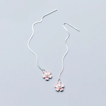 

MloveAcc Sterling 925 Silver Earrings Female Korean Pink Cherry Flower Pearl Long Chain Drop Jewelry