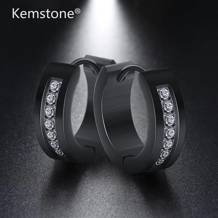 

Kemstone Personality Black Stainless Steel Earrings Fashion Opening Crystal Zircon Titanium Steel Stud Earrings for Women