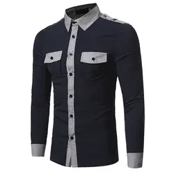 2018 модный бренд мужской рубашки с длинными рукавами Топы Тонкий Повседневное одноцветное Цвет двойной карман мужская одежда Рубашки Slim