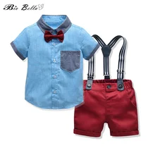 Комплект одежды из 2 предметов для маленьких мальчиков, Костюм Джентльмена рубашка с короткими рукавами и галстуком-бабочкой шорты на подтяжках, Одежда для младенцев Деловая одежда для детей