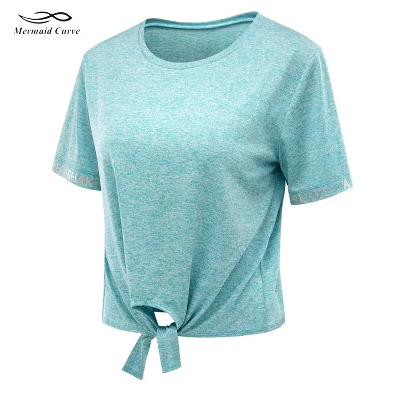 

Mermaid Curve Women Sport Yoga Shirts Short sleeve Cuff SHAKE A LEG printing Female bandage crop top fitness shirt women