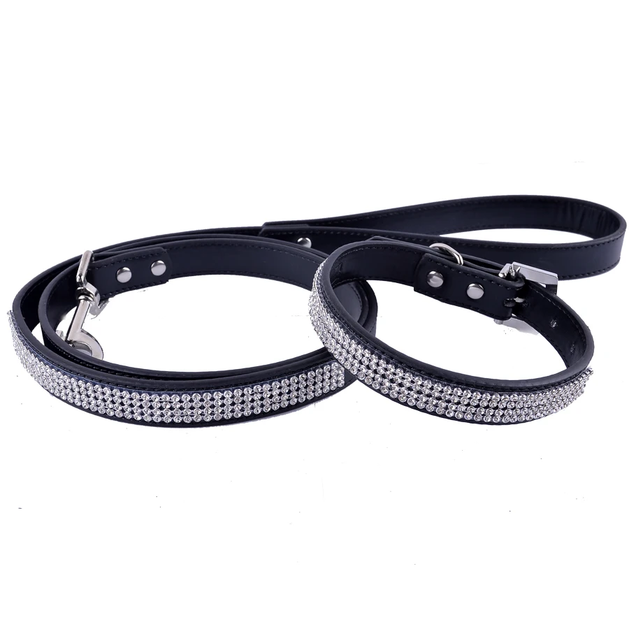 Rhinestone Pet Dog Collars & Leads Black Pink Red Leather Dog Collar