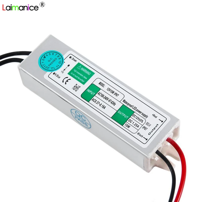 AC110V-220V к DC12V Питание 15 W 1.5A IP67 Водонепроницаемый 12 V светодиодный трансформатор электронный Алюминий сплав Driver наружного использования