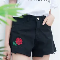 2018 Винтаж цветочный Wmbroidered шорты Для женщин розы Юбки с вышивкой Высокая талия рваные джинсовые Feans синий Короткие джинсы