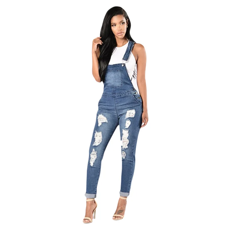 

Fashion Women Jumpsuits Jeans Bodysuits Rompers Hole Bib Overall Ripped Denim Plus Size Trouser combinaison femme Pants women