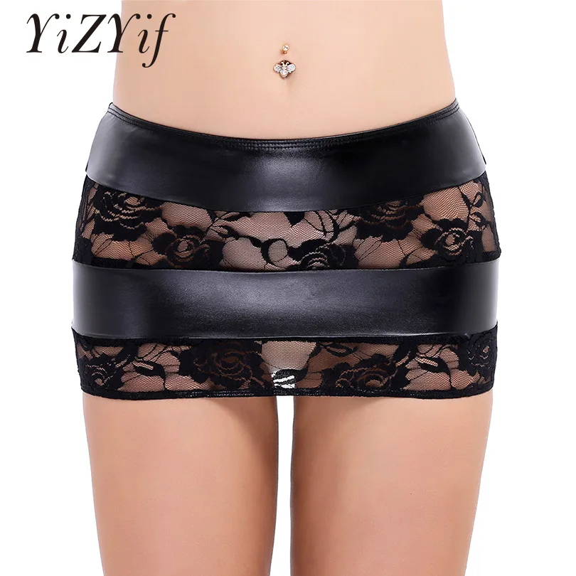 

YiZYiF Mini Skirt Women Black Faux Leather Lace Splice Bodycon Mini Skirt Clubwear Sexy Striped Pencil Lace Hollow Out Miniskirt