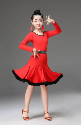 Платье для латинских танцев для девочек, длинный короткий рукав, тренировочная юбка для латинских танцев, одежда для Бальных выступлений, юбка для латинских танцев - Цвет: Red Long Sleeve