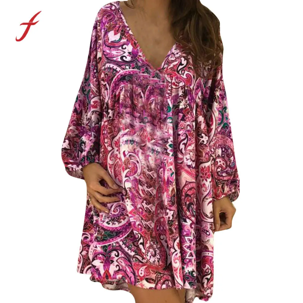 

Feitong Fashion Women Sexy Loose Dress Deep V-Neck Floral Multicolour Printing Long Sleeves V-Neck Evening Party Dress Vestidos