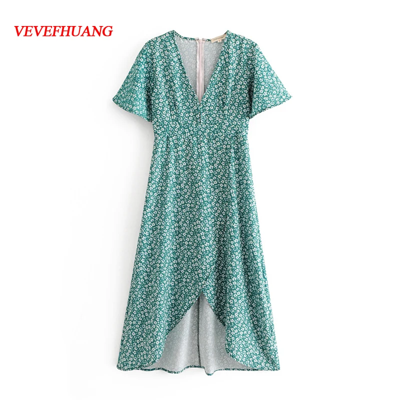

Women Summer Floral V-neck Girls Beach Dress for Female High Waist Cap-sleeve Pastoral-style Flower Print Bohemian Dresses