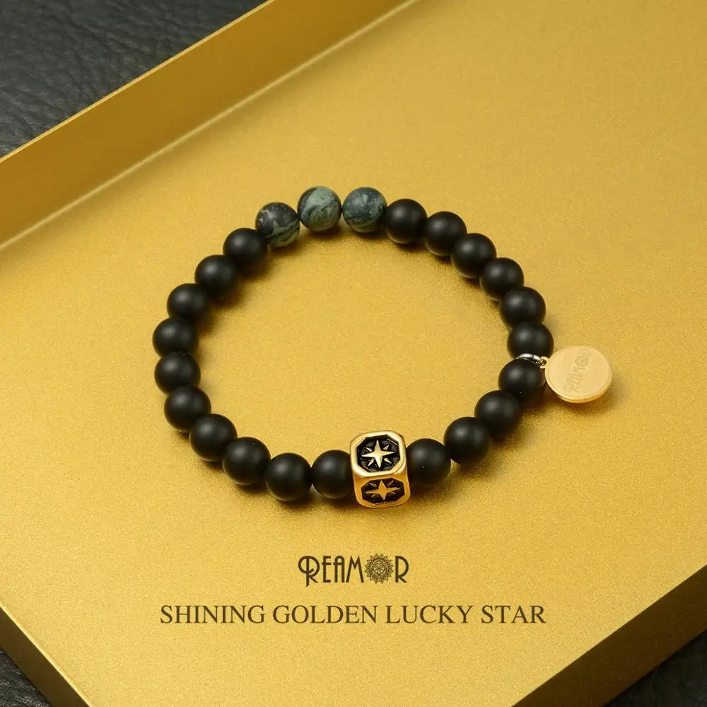 REAMOR Fashion 8mm Onyx Natural Stone Bracelet Stainless Steel Shining Golden Lucky Star Beaded Bracelets For Men Women Jewelry