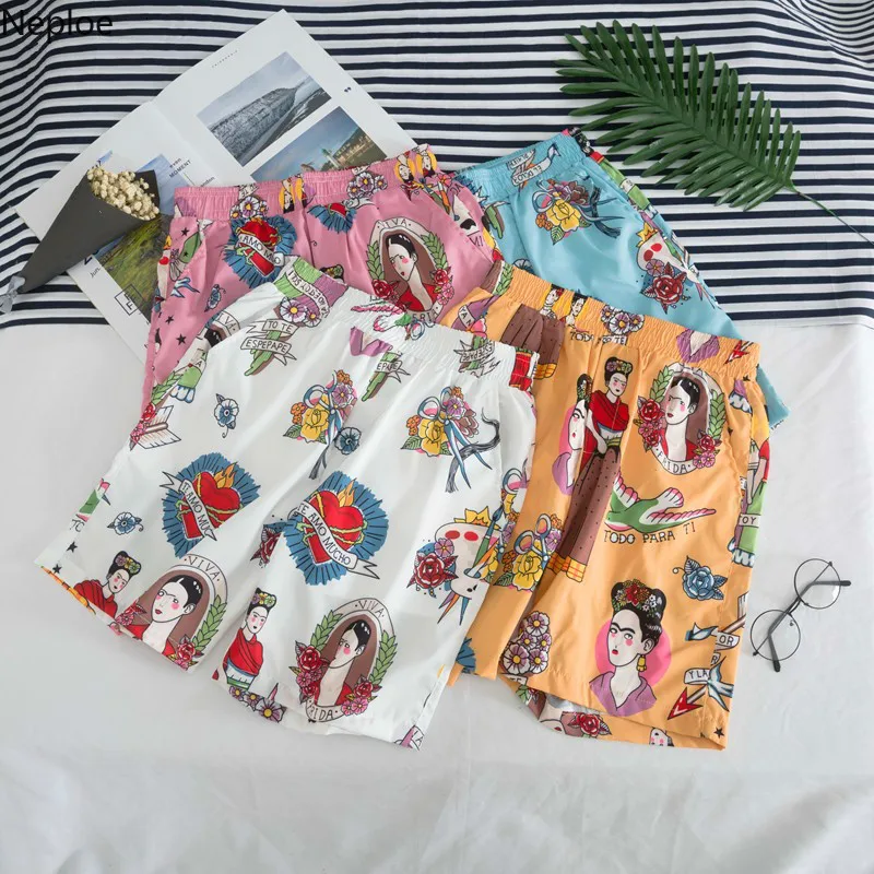 

Neploe Summer Retro Character Print Shorts 2019 Men Women Loose Beach Clothes Hawaiian Seaside Japanese Shorts 52414