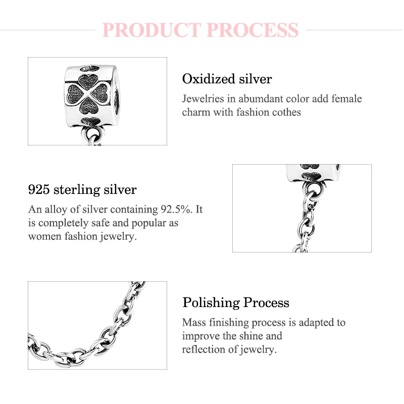 Настоящее бусины из стерлингового серебра 925, четыре листа клевера, цепочка безопасности, шарм, сделай сам, подходит для оригинала Pandora, очаровательный браслет, модное ювелирное изделие